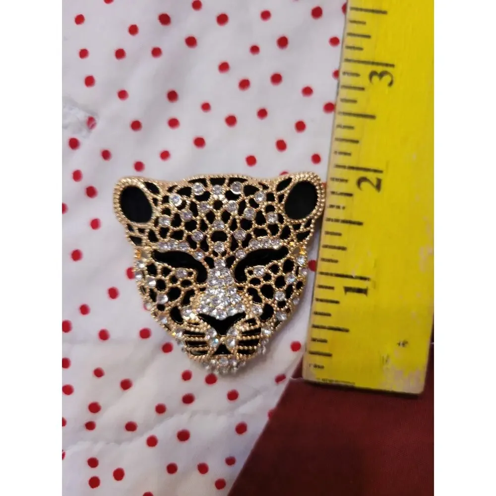 Leopard Panther Head Brooch Pin Gold Tone Enamel Rhinestone Crystal